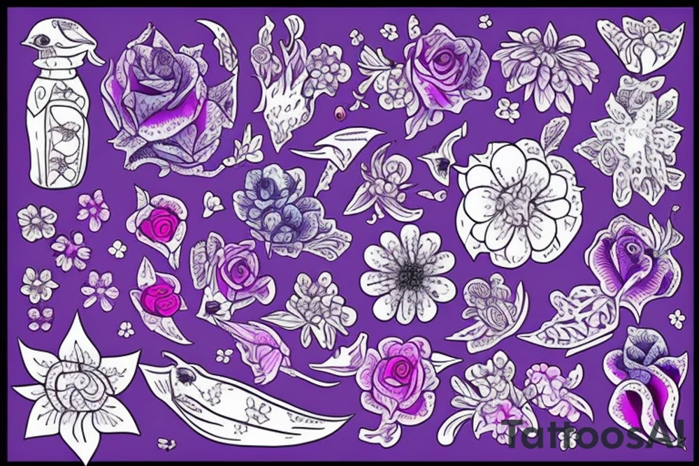 Scandinavian folk art using real flowers purple blue pink tattoo idea