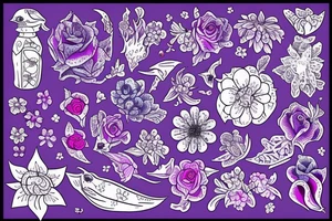 Scandinavian folk art using real flowers purple blue pink tattoo idea