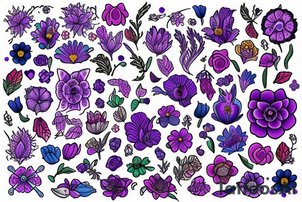 Scandinavian folk art using real flowers purple blue pink tattoo idea