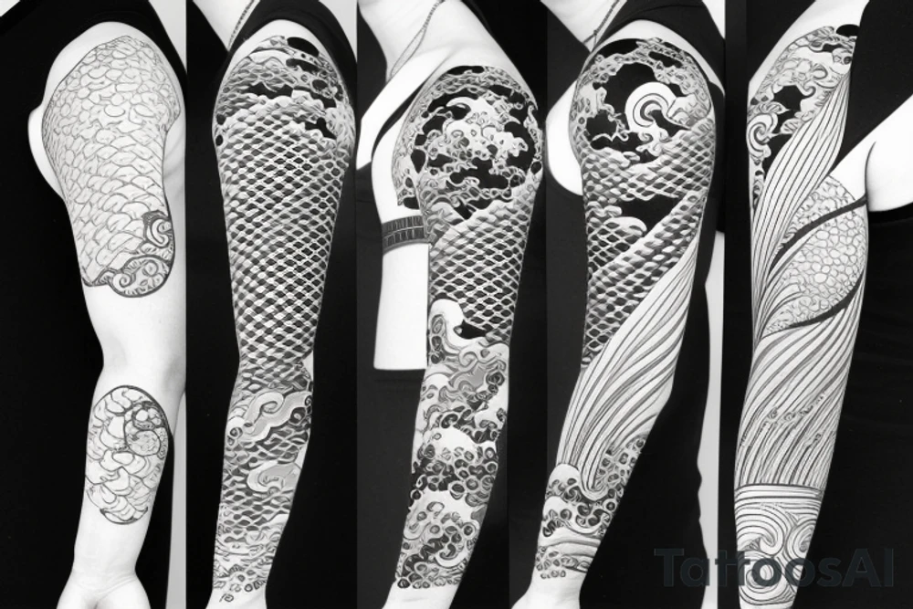 japanese sleeve with koi fish, waves, architecture, bonsai tattoo idea