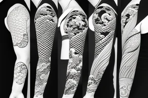 japanese sleeve with koi fish, waves, architecture, bonsai tattoo idea