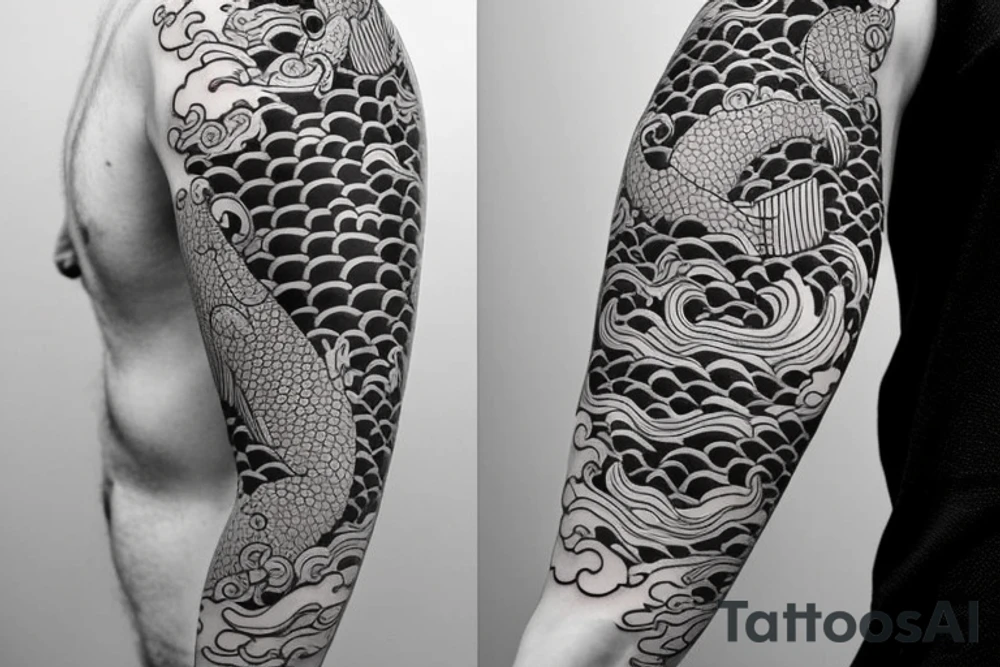 japanese sleeve with koi fish, waves, architecture, bonsai tattoo idea