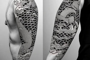 japanese sleeve with koi fish, waves, architecture, bonsai tattoo idea