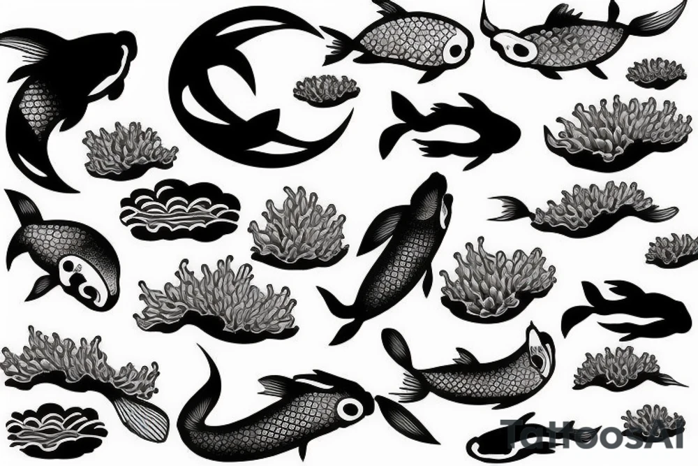 koi fish, waves, architecture, bonsai tattoo idea