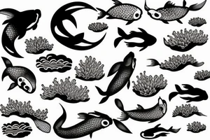 koi fish, waves, architecture, bonsai tattoo idea