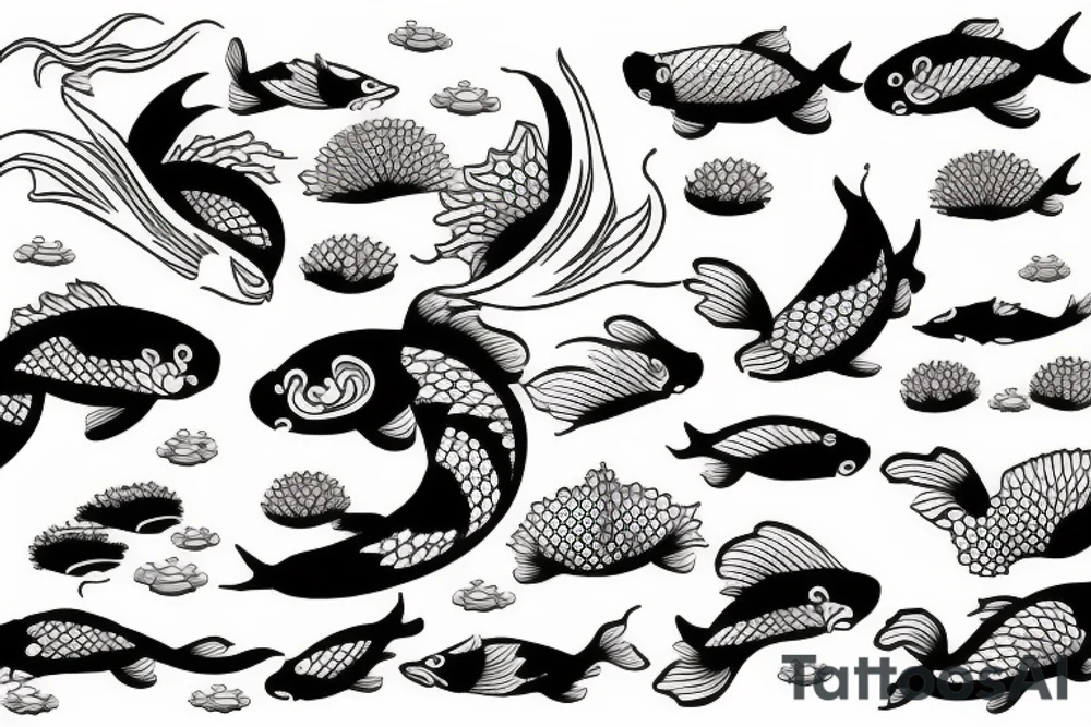 koi fish, waves, architecture, bonsai tattoo idea