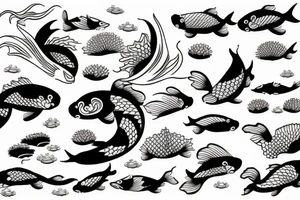 koi fish, waves, architecture, bonsai tattoo idea