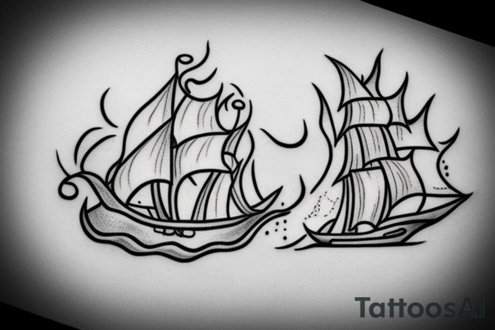 simple ship on fire tattoo idea