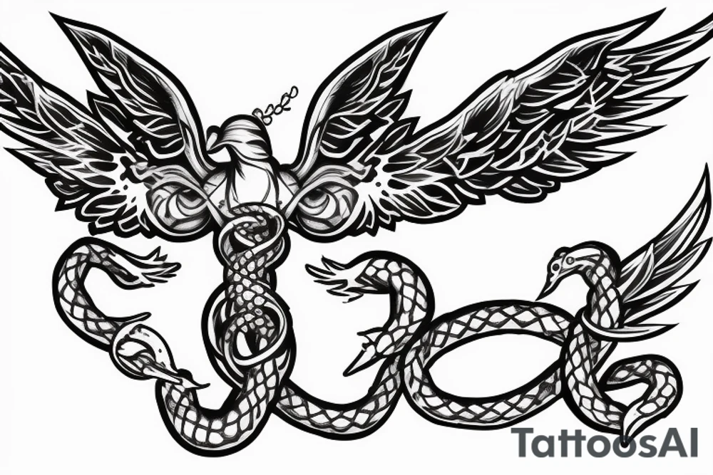 Rose as rod of caduceus with snakes and wings tattoo idea