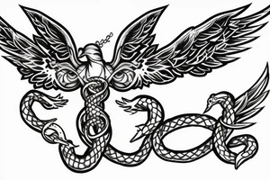Rose as rod of caduceus with snakes and wings tattoo idea