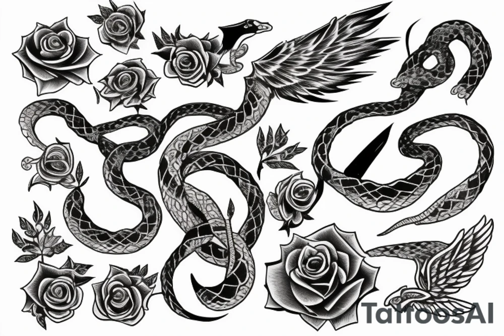 Rose as rod of caduceus with snakes and wings tattoo idea