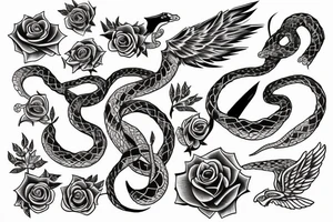 Rose as rod of caduceus with snakes and wings tattoo idea