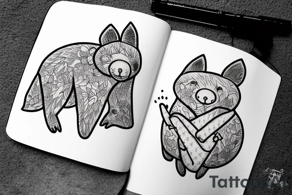 Smiling wombat riding a bike eating a root tattoo idea