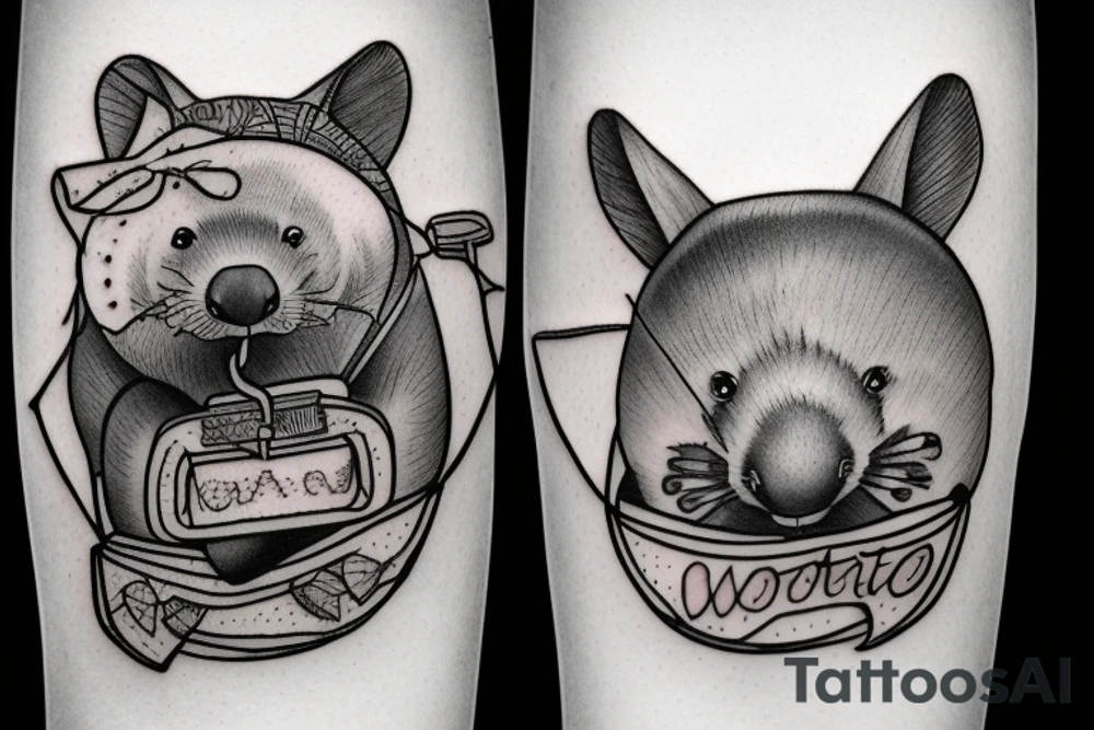Smiling wombat riding a bike eating a root tattoo idea