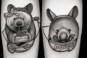 Smiling wombat riding a bike eating a root tattoo idea