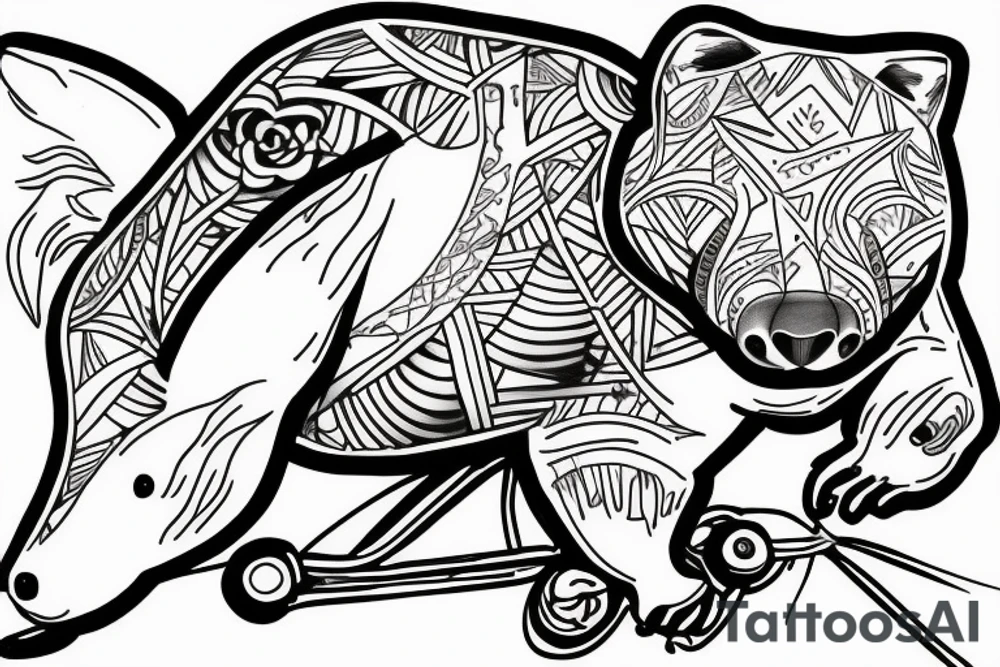 Smiling wombat riding a bike eating a root tattoo idea