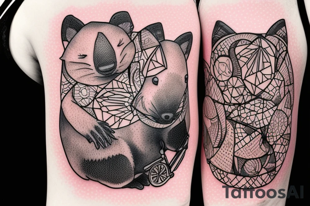 Smiling wombat riding a bike eating a root tattoo idea