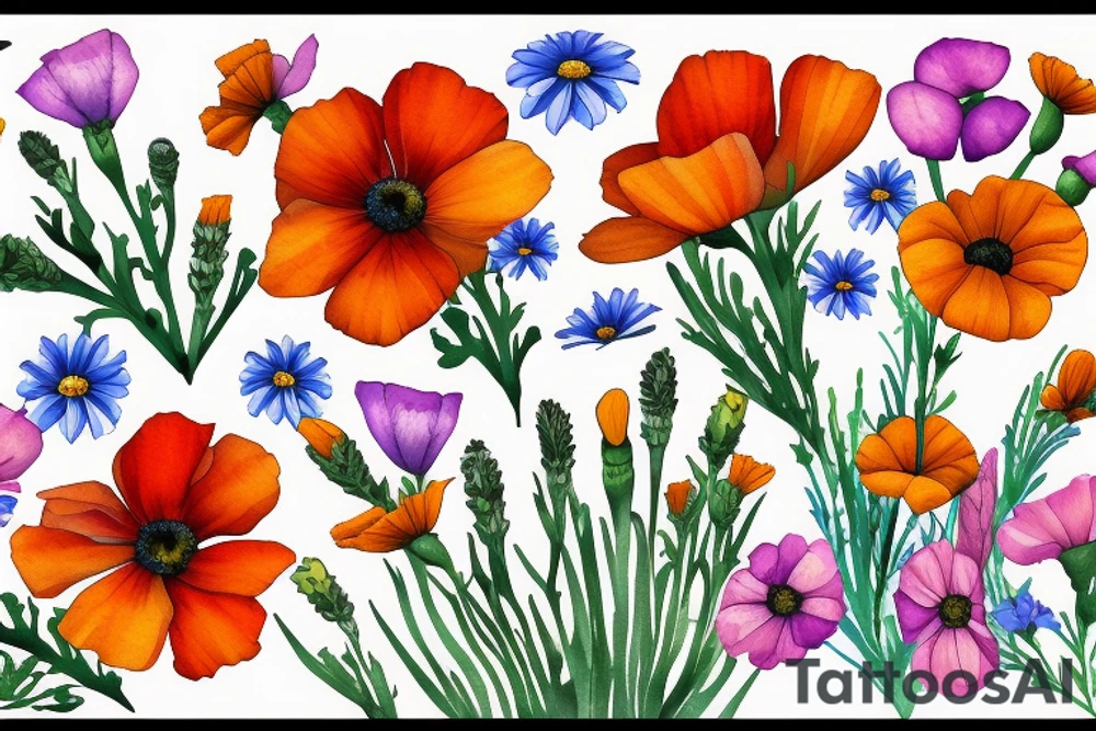 Flower bouquet with California poppies and daisies tattoo idea