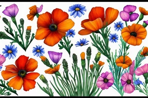 Flower bouquet with California poppies and daisies tattoo idea