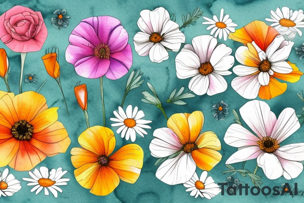 Flower bouquet with California poppies and daisies tattoo idea