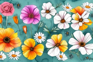 Flower bouquet with California poppies and daisies tattoo idea