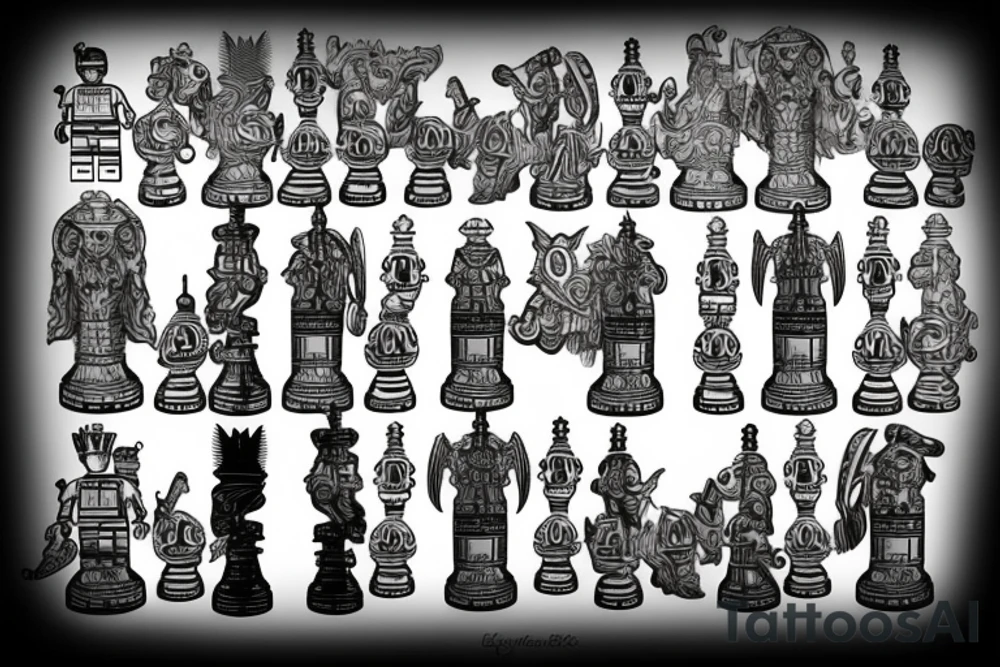 Lego chess pieces on a battle field tattoo idea