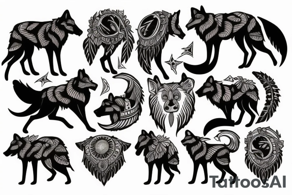Indian with wolves and moon tattoo idea
