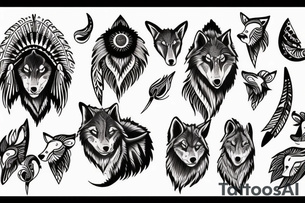 Indian with wolves and moon tattoo idea