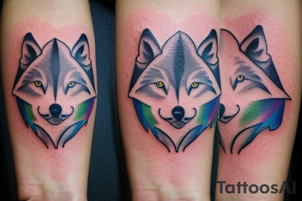 Small minimalist wolf tattoo with a colorful galaxy inside the wolf. Nothing outside the tattoo. Tattoo for forearm. tattoo idea