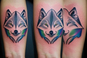 Small minimalist wolf tattoo with a colorful galaxy inside the wolf. Nothing outside the tattoo. Tattoo for forearm. tattoo idea