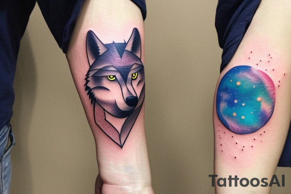 Small minimalist wolf tattoo with a colorful galaxy inside the wolf. Nothing outside the tattoo. Tattoo for forearm. tattoo idea