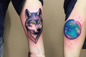 Small minimalist wolf tattoo with a colorful galaxy inside the wolf. Nothing outside the tattoo. Tattoo for forearm. tattoo idea