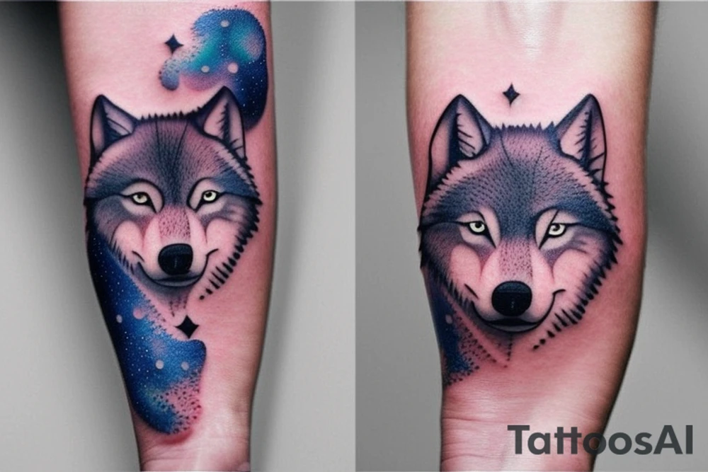 Small minimalist wolf tattoo with a colorful galaxy inside the wolf. Nothing outside the tattoo. Tattoo for forearm. tattoo idea