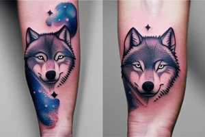 Small minimalist wolf tattoo with a colorful galaxy inside the wolf. Nothing outside the tattoo. Tattoo for forearm. tattoo idea