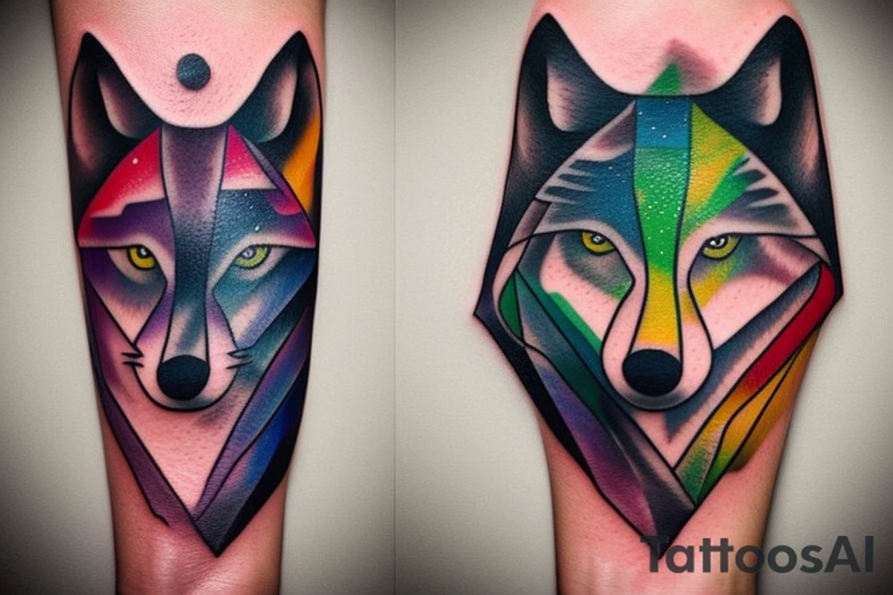 Small minimalist wolf tattoo with a colorful galaxy inside the wolf. Nothing outside the tattoo. Tattoo for forearm. tattoo idea