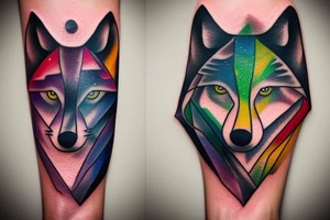 Small minimalist wolf tattoo with a colorful galaxy inside the wolf. Nothing outside the tattoo. Tattoo for forearm. tattoo idea