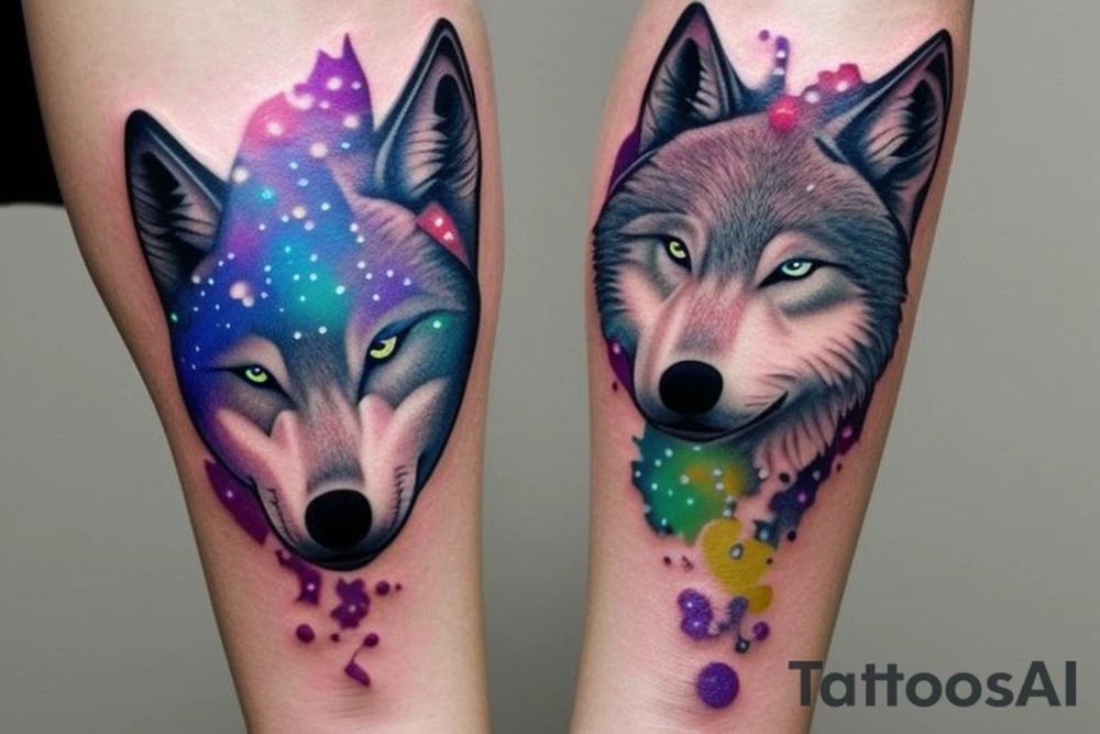 Small minimalist wolf silhouette tattoo with a colorful galaxy inside the wolf. Nothing outside the tattoo. Tattoo for forearm. tattoo idea