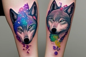 Small minimalist wolf silhouette tattoo with a colorful galaxy inside the wolf. Nothing outside the tattoo. Tattoo for forearm. tattoo idea