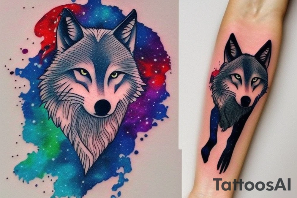 Small minimalist wolf silhouette tattoo with a colorful galaxy inside the wolf. Nothing outside the tattoo. Tattoo for forearm. tattoo idea