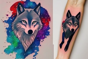 Small minimalist wolf silhouette tattoo with a colorful galaxy inside the wolf. Nothing outside the tattoo. Tattoo for forearm. tattoo idea