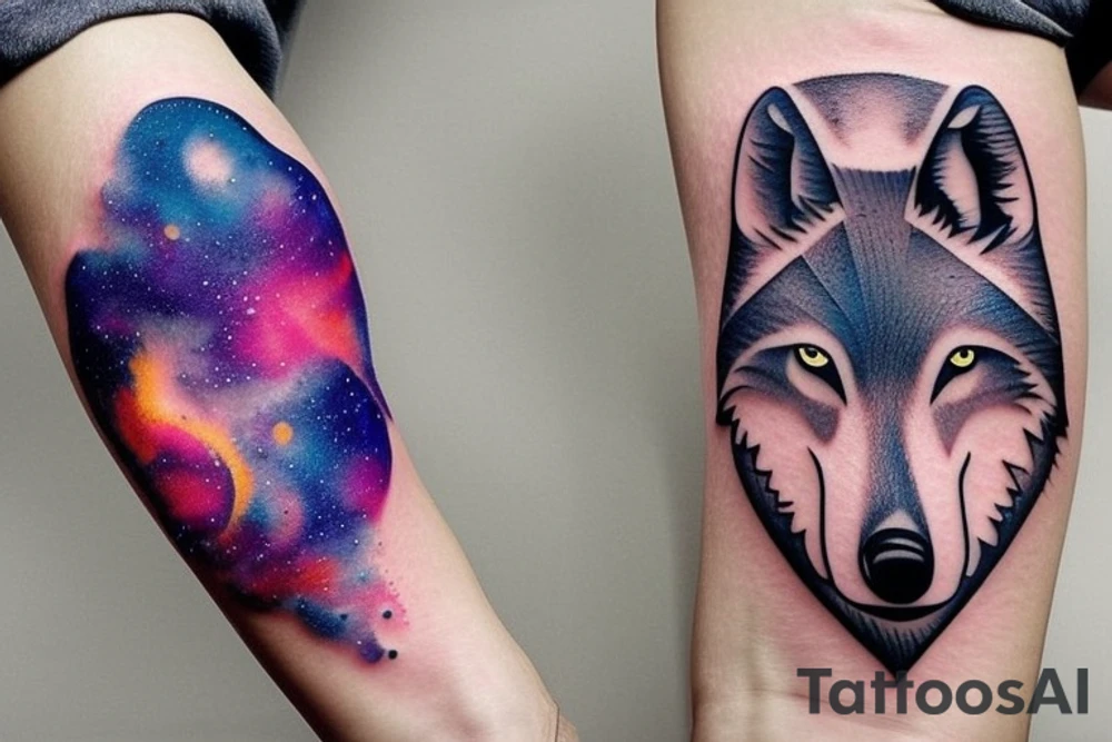 Small minimalist wolf silhouette tattoo with a colorful galaxy inside the wolf. Nothing outside the tattoo. Tattoo for forearm. Not realistic tattoo idea