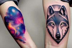 Small minimalist wolf silhouette tattoo with a colorful galaxy inside the wolf. Nothing outside the tattoo. Tattoo for forearm. Not realistic tattoo idea
