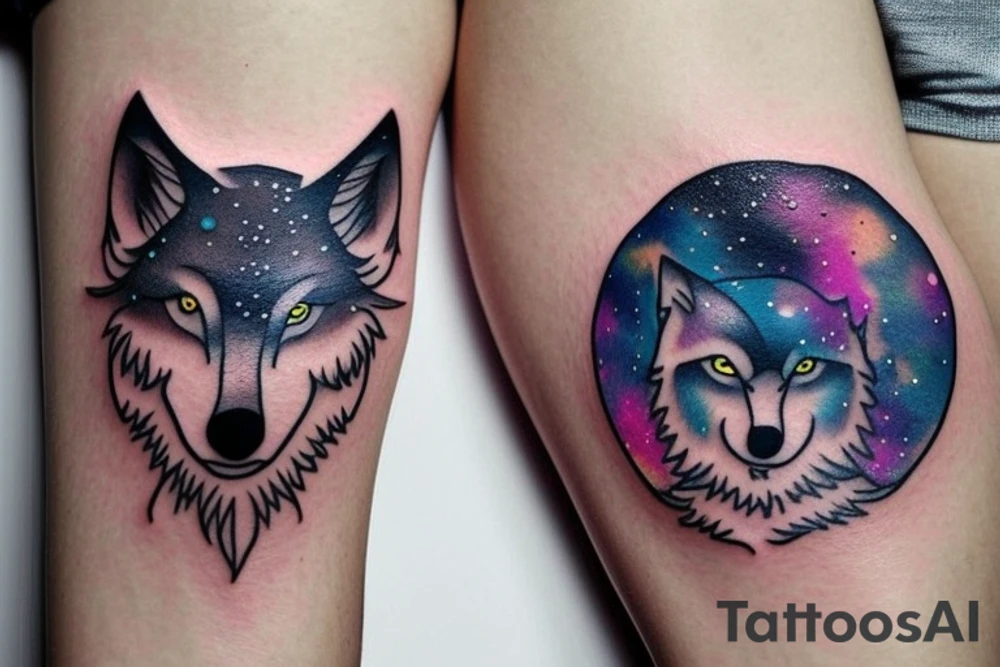 Small minimalist wolf silhouette tattoo with a colorful galaxy inside the wolf. Nothing outside the tattoo. Tattoo for forearm. Not realistic tattoo idea