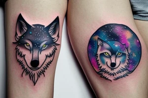 Small minimalist wolf silhouette tattoo with a colorful galaxy inside the wolf. Nothing outside the tattoo. Tattoo for forearm. Not realistic tattoo idea