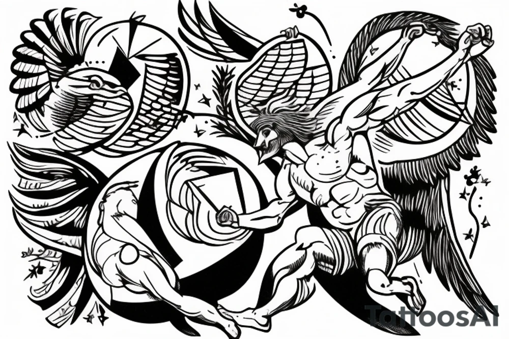 Sisyphus with an eagle and stack of books tattoo idea