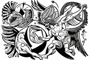 Sisyphus with an eagle and stack of books tattoo idea