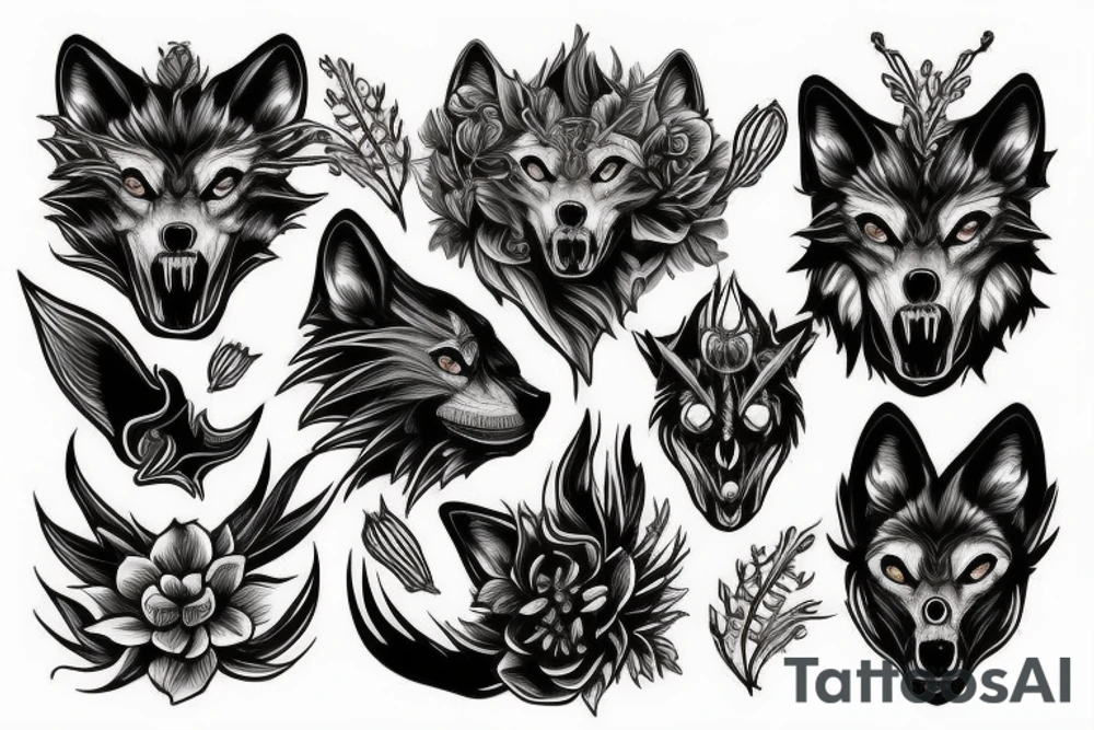 Wolf skull with Lycoris radiation around it tattoo idea