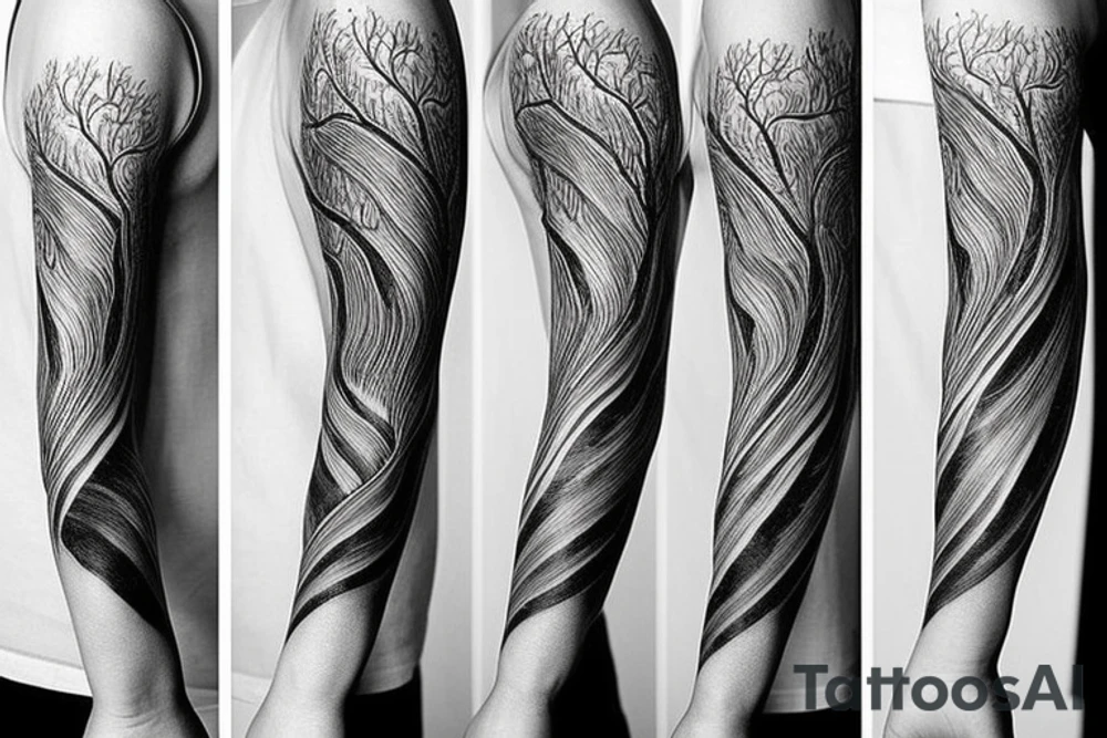 Sleeve of Tree Silhouettes around bicep with roots underneath, that turn into ocean wave all the way to the wrist tattoo idea