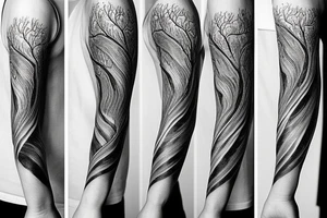 Sleeve of Tree Silhouettes around bicep with roots underneath, that turn into ocean wave all the way to the wrist tattoo idea