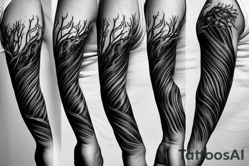 Sleeve of Tree Silhouettes around bicep with roots underneath, that turn into ocean wave all the way to the wrist tattoo idea